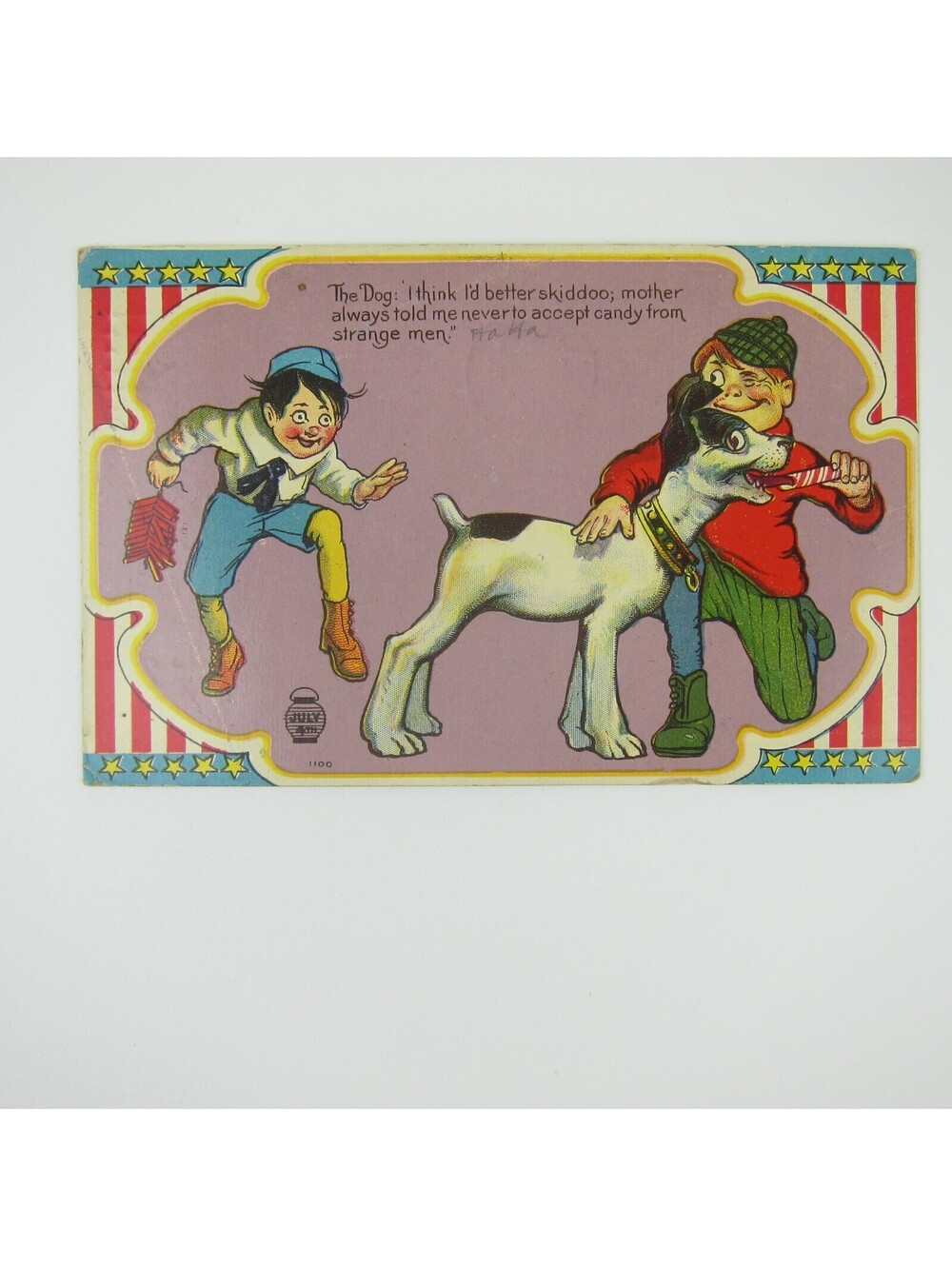 Fourth of July Postcard Boys Dog Firecrackers Stars & Stripes Antique 1913